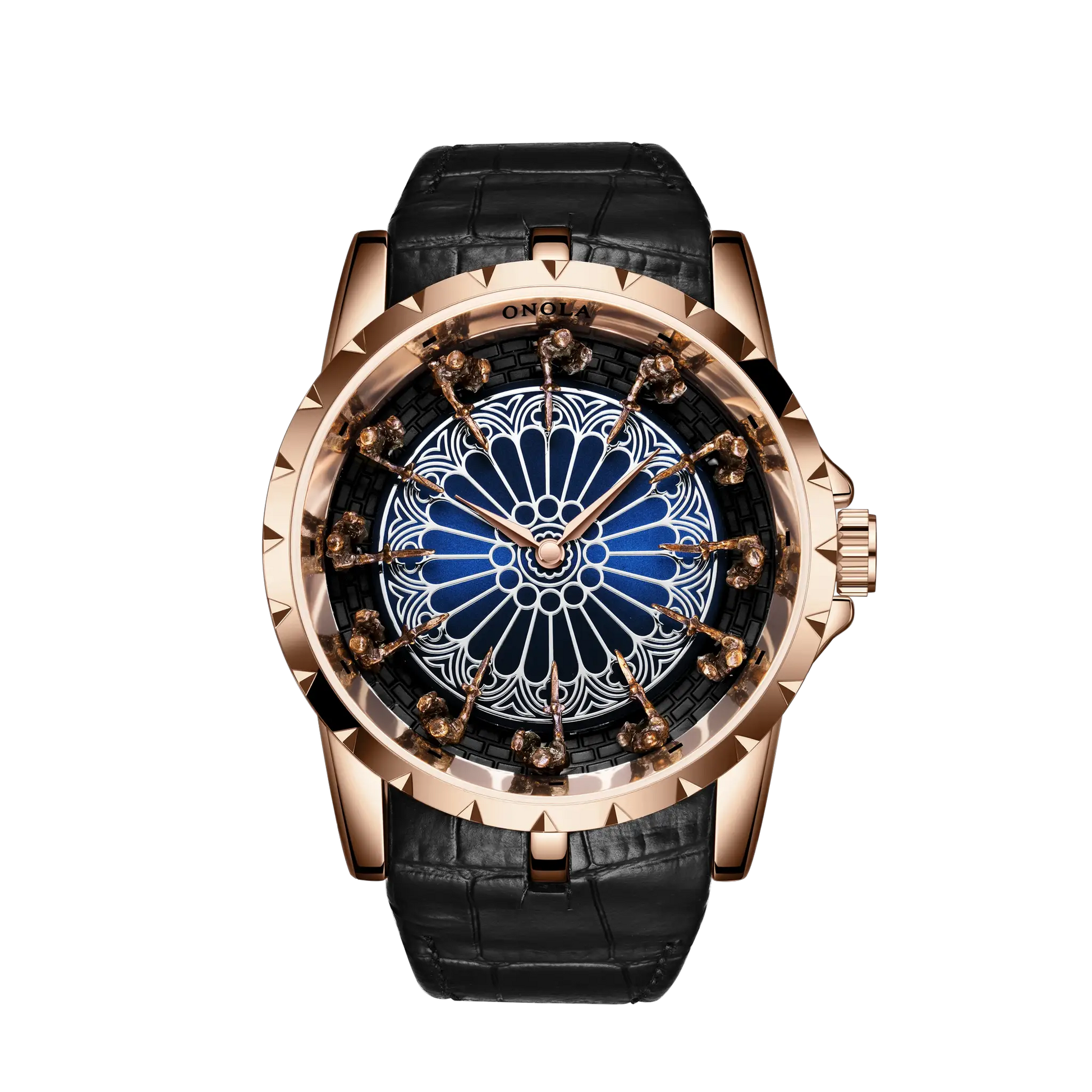 Onola rose-gold men's quartz watch with black leather strap, blue patterned dial, studded bezel, and knight figures.