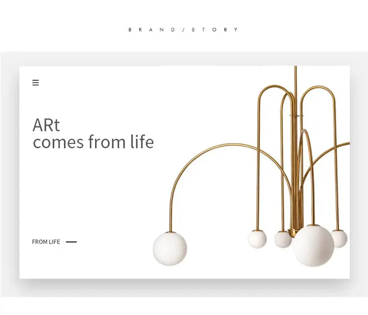 Nordic minimalist pendant light with gold metal arms and white globe bulbs.