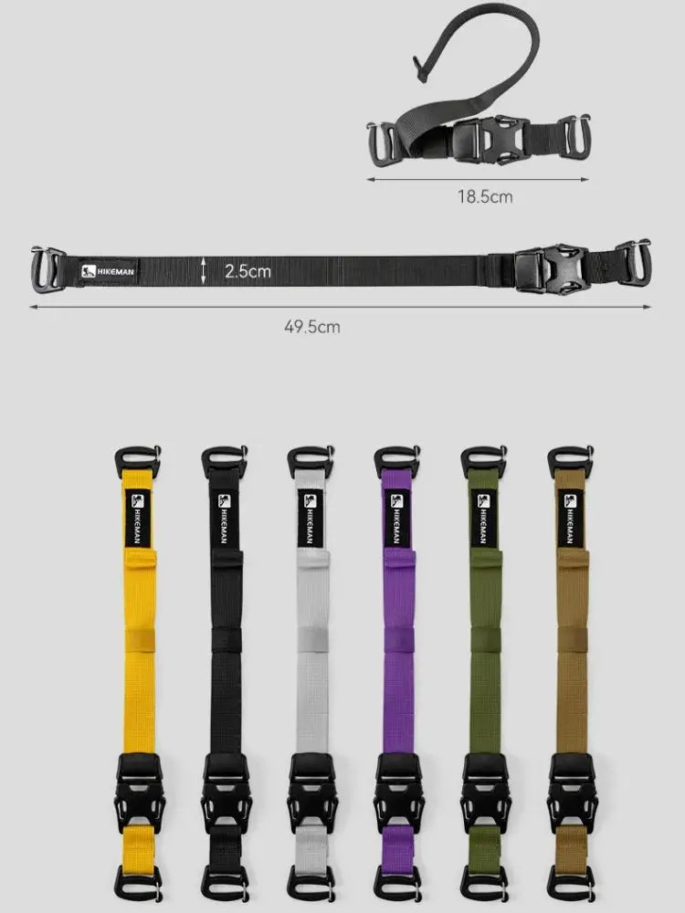Outdoor luggage strap with plug-in buckle; six color options (yellow, black, gray, purple, olive green, tan) by Hikeman