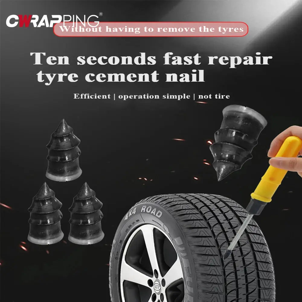 Car tire puncture repair kit with black rubber plugs and a yellow-handled screwdriver for tubeless tires