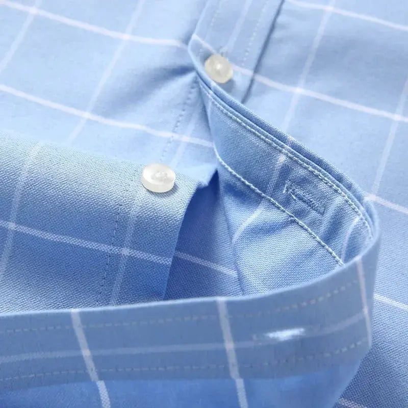Men's light blue 100% cotton Oxford shirt with white plaid pattern by Simples Market