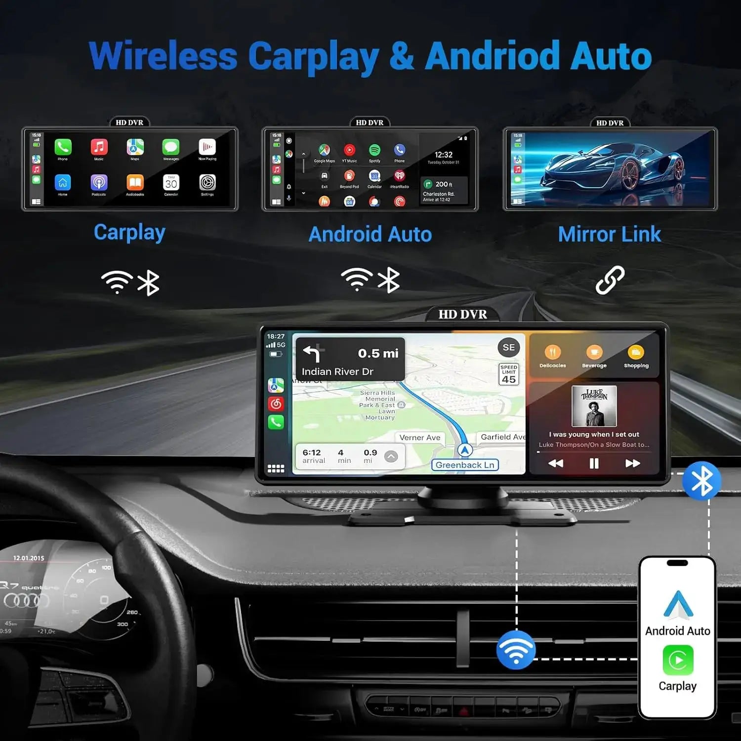 11.26 Inch 4K Dash Cam CarPlay Android Auto GPS Dual Lens Bluetooth
