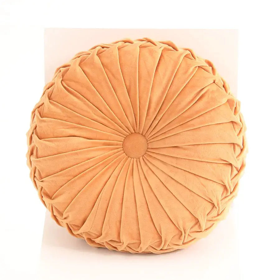 Throw pillow round, hand-sewn pleated 3D velvet in peach for sofa, bed, or chair