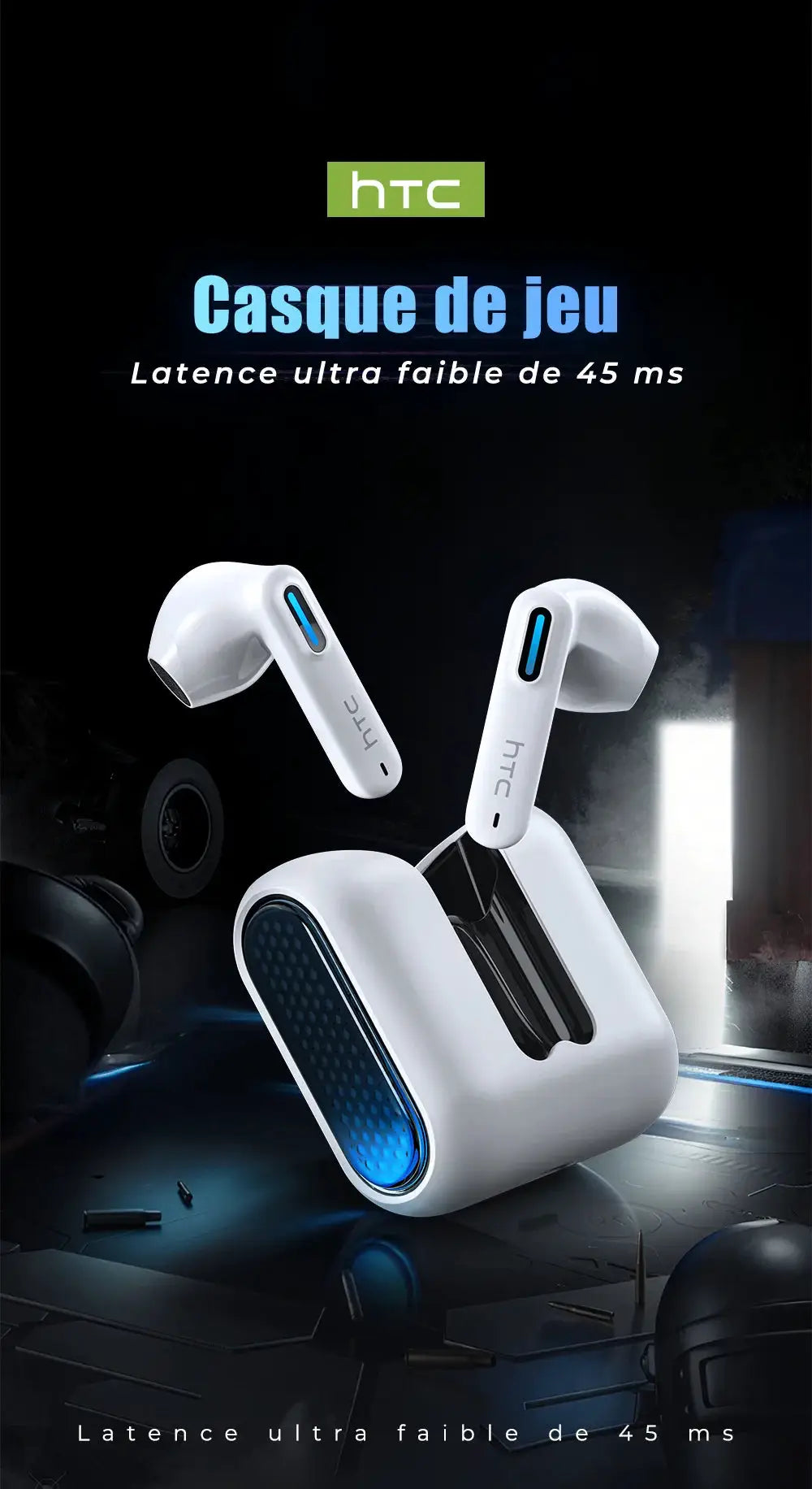 HTC NE49 Bluetooth Earphones TWS, white with blue accents, includes charging case