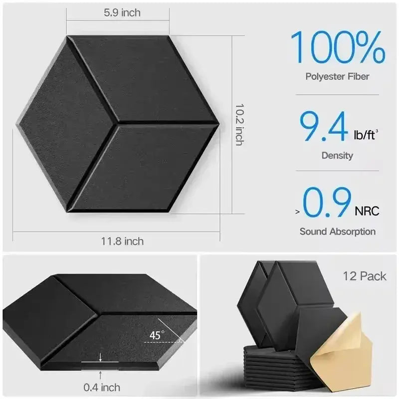12-pack self-adhesive hexagon sound-insulation foam panels by Simples Market, black, 100% polyester fiber.