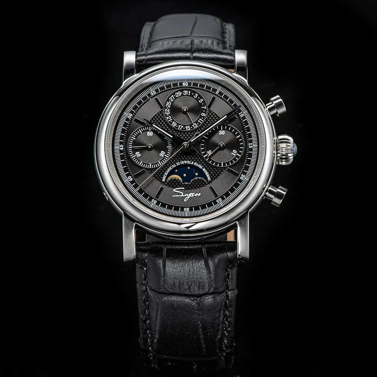 Sugess men’s wristwatch ST1908 chronograph with moonphase, black dial, silver case, black leather strap
