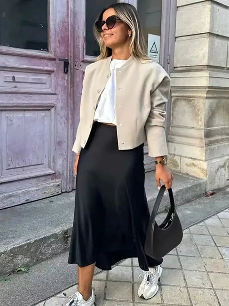 Mujer Satin High Waist Midi Skirt For Office Wear And Summer Essential For Women