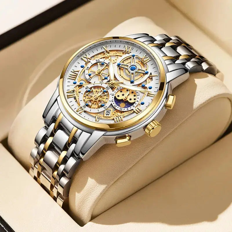 LIGE men’s skeleton chronograph watch, two-tone stainless steel with gold bezel and blue accents