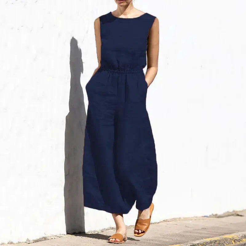 Jumpsuit by Simples Market, navy cotton and linen, sleeveless high-waist with pockets and wide legs