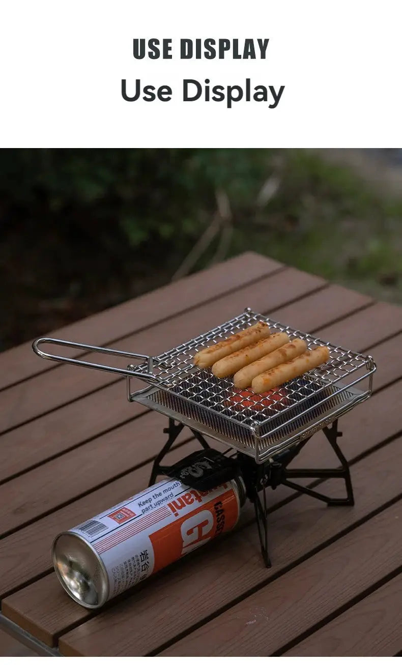 CAMPINGMOON folding 304 stainless steel toast grill net for camping on a portable gas stove with sausages