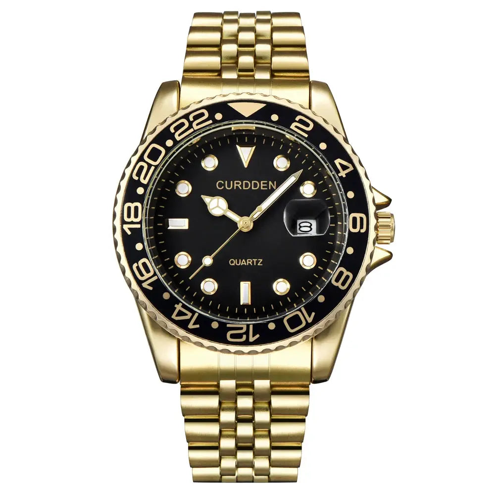 Men Calendar Quartz Watch With Green Dial Stainless Steel Band Full Calendar Function Casual Everyday Timepiece
