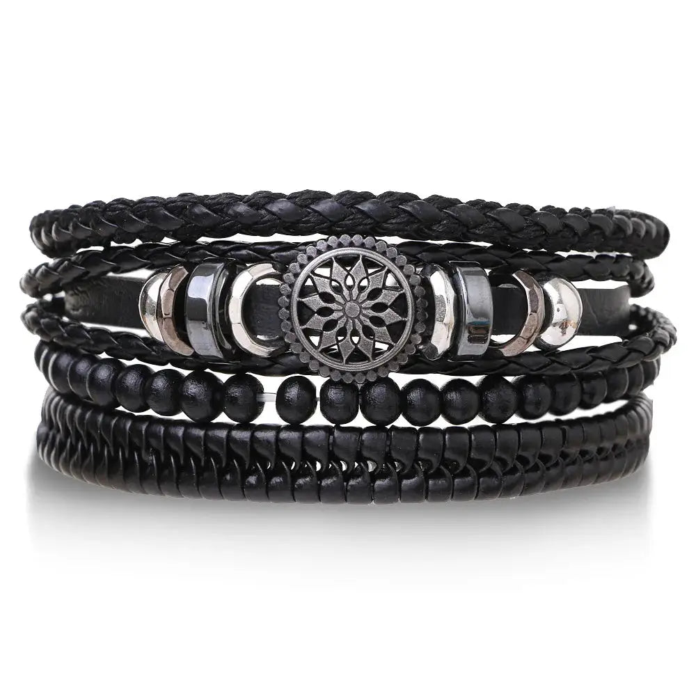 4 Piece Set Braided Leather Wrap Bracelets For Men Vintage Life Tree Rudder Charm Wood Beads Ethnic Tribal Wristbands
