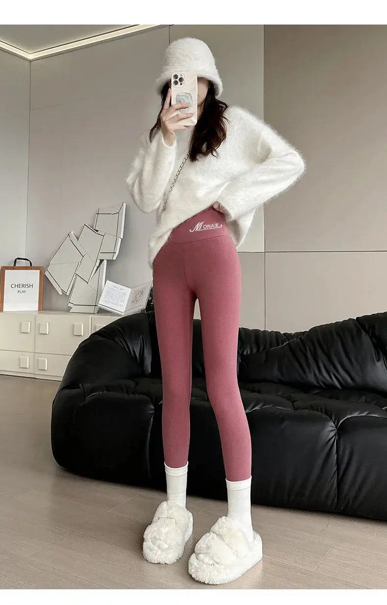 Winter cashmere leggings for women in pink, high-waist, velvet-lined warmth by Simples Market