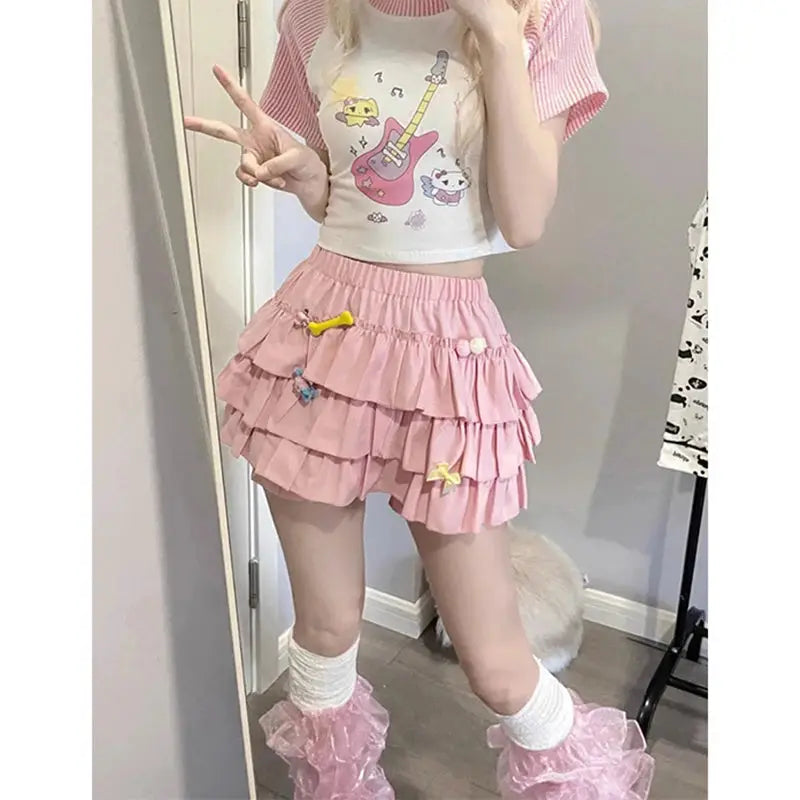 MEXZT Y2K Sweet Ruffles Mini Skirt pink high-waist layered ruffles