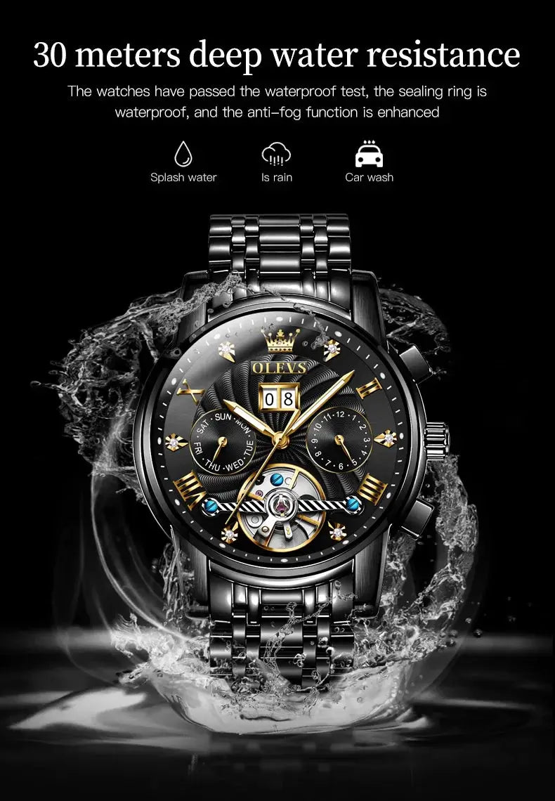 OLEVS classic men's black stainless steel tourbillon automatic wristwatch with gold accents