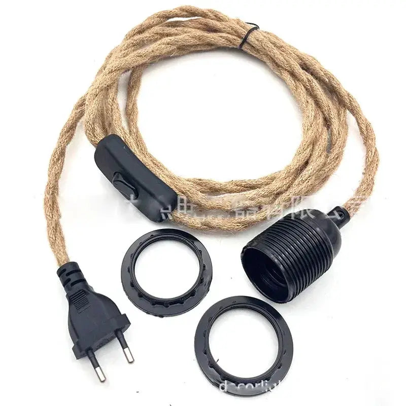Industrial retro hanging lamp kit by Simples Market with hemp cord, E27 holder, switch, plug, and mounting rings