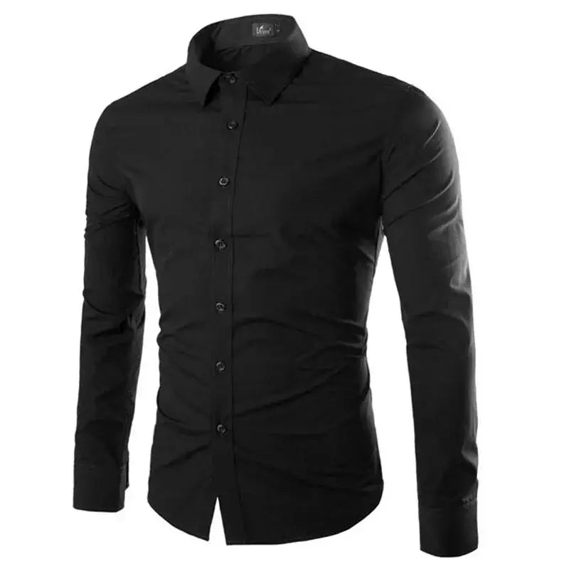 Men's black solid-color long-sleeve shirt with button-front, casual style
