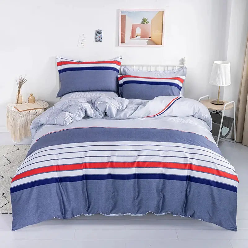 Simples Market cotton duvet cover set, striped blue-gray with red accents, includes 1 duvet cover and 2 pillowcases