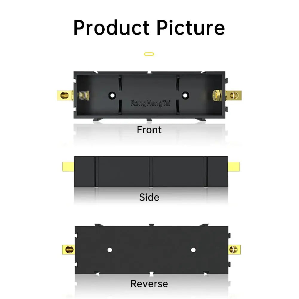 21700/18650 battery holder storage box, solder-free, black with gold terminals.