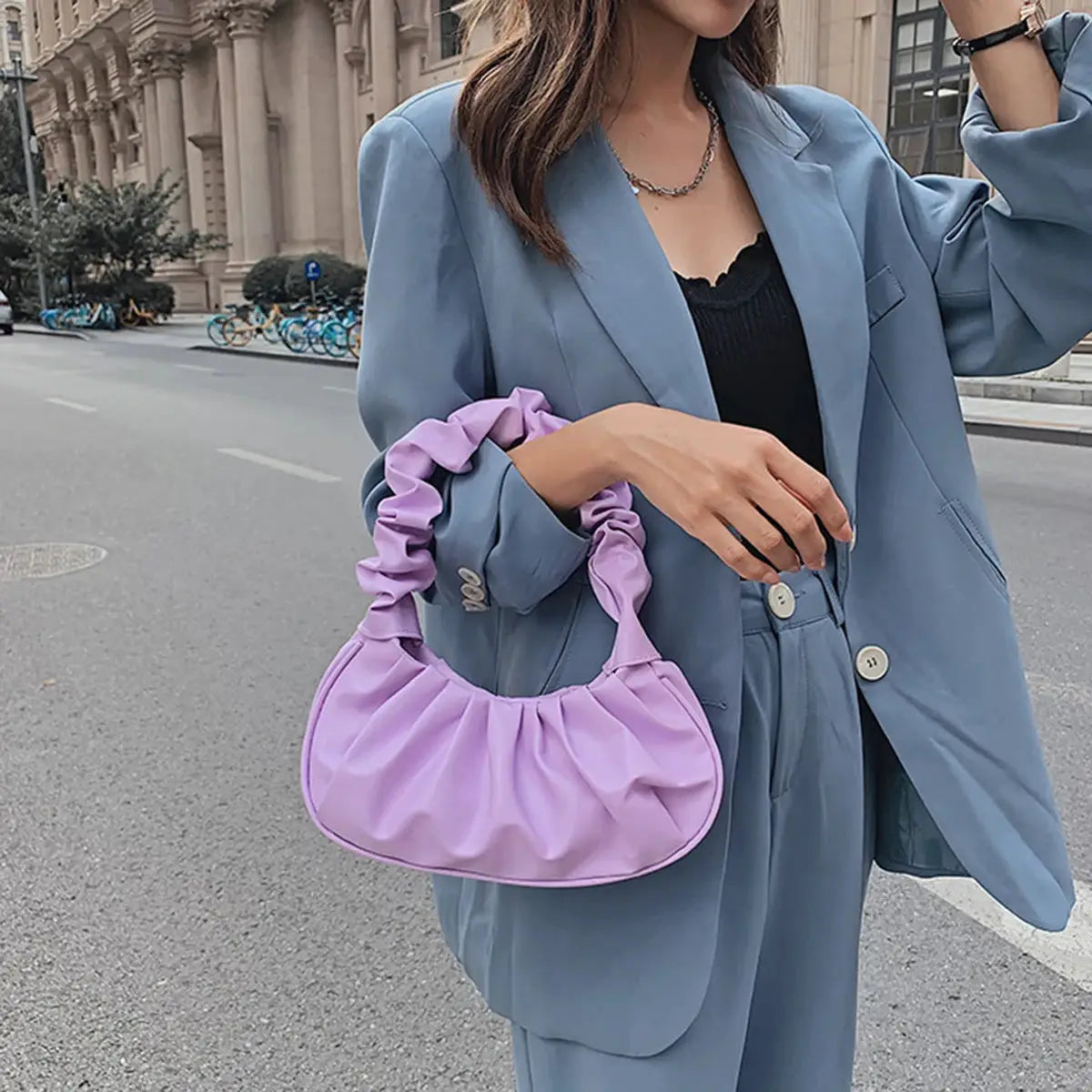 Dumpling-style lavender PU cloud handbag with ruched pleated handle