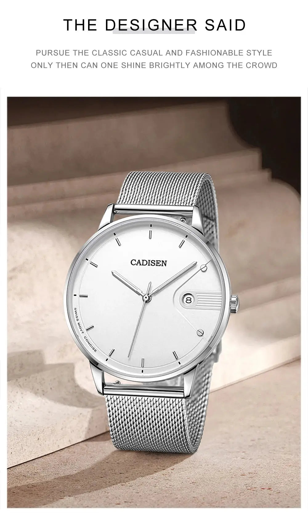 CADISEN Swiss Ronda 715 quartz watch for men with 7mm ultra-thin case, sapphire crystal, Milano mesh strap, white dial.