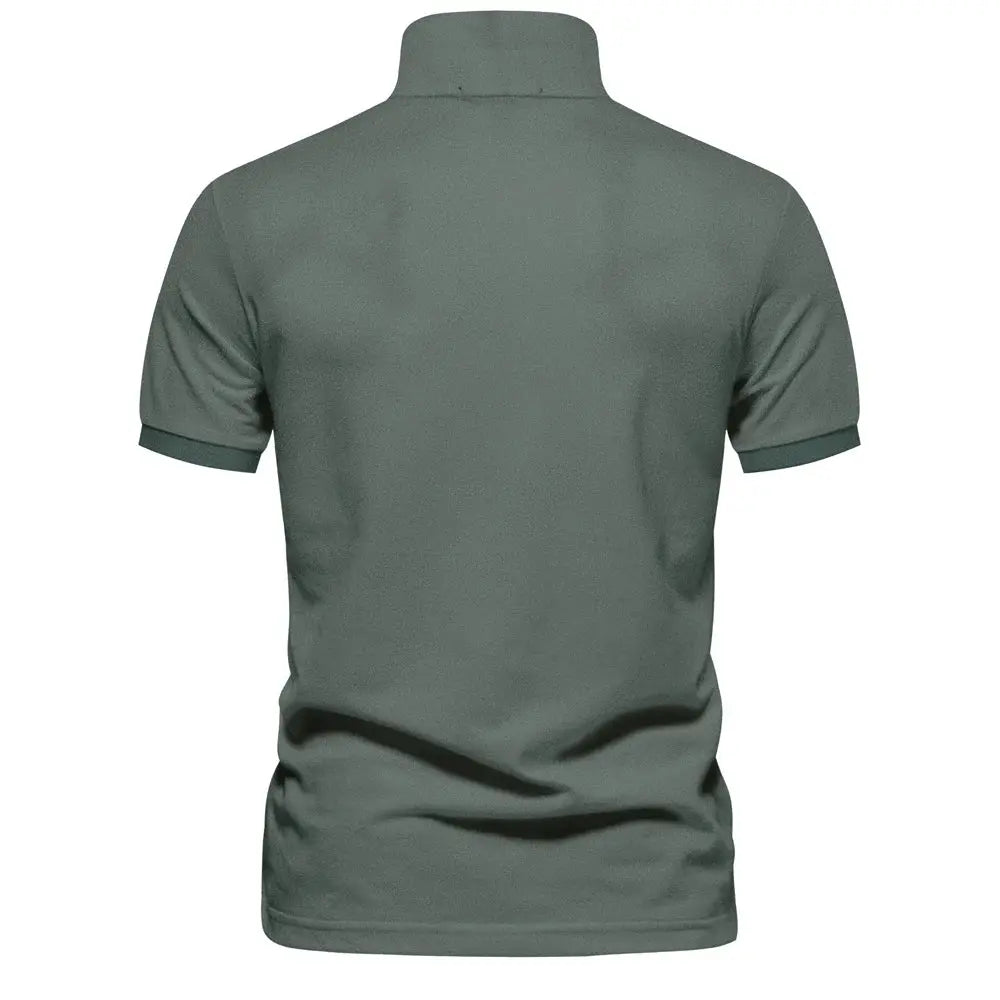 Men's cotton polo shirt, olive-green, short sleeves, back view.