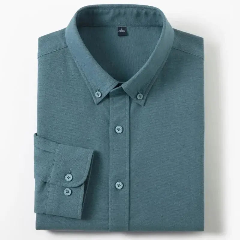 Men's slim-fit oxford cotton shirt in teal, long sleeves, button-down collar
