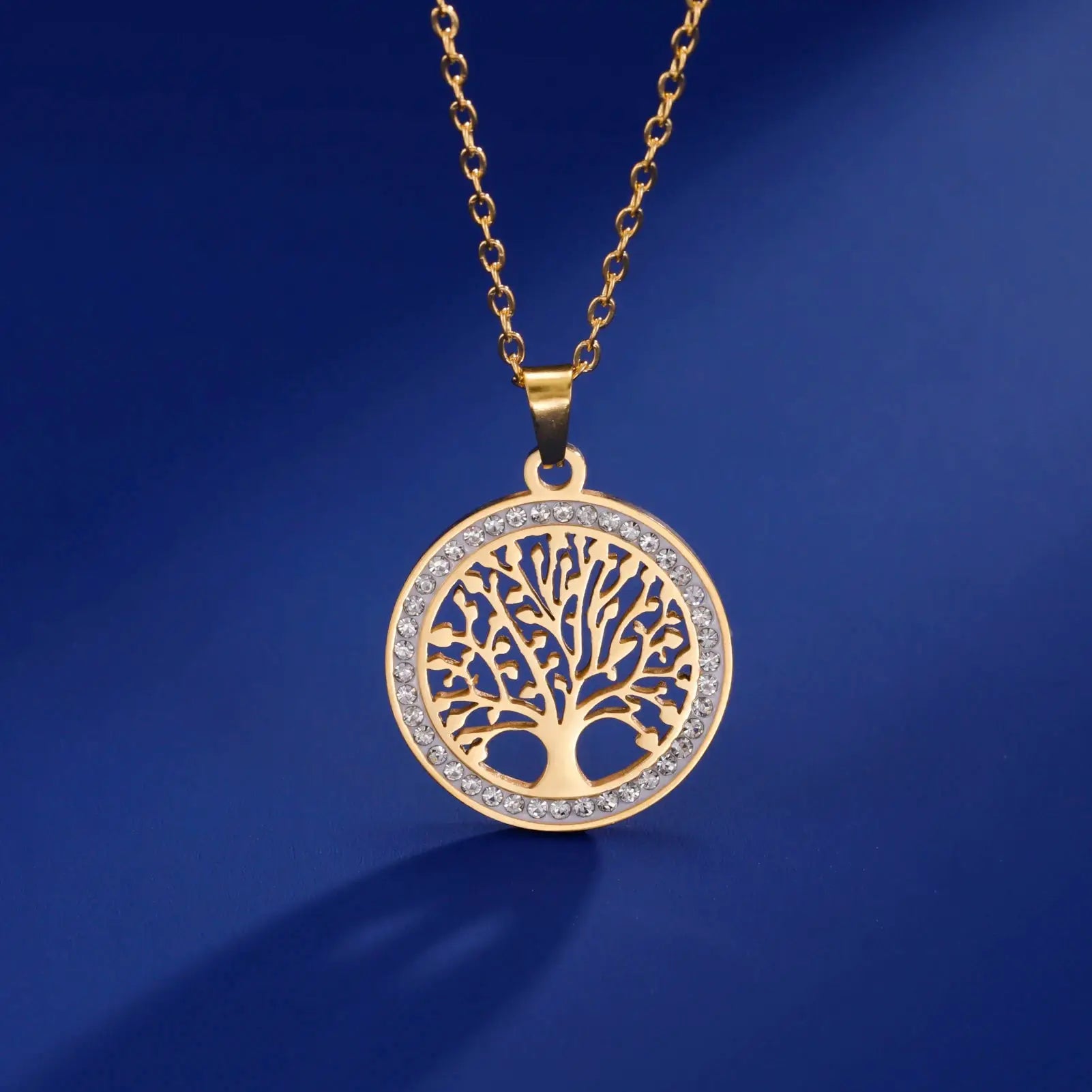 Skyrim Tree Of Life Necklace For Women Stainless Steel Gold Color Clear Zircon Round Pendant Luxury Wedding Gift - Simples Market