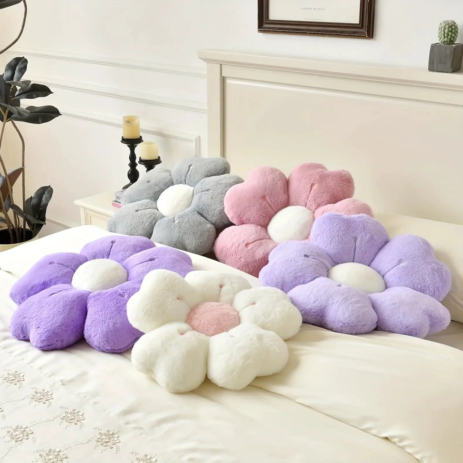 Flower-shaped plush throw pillows by Simples Market in pastel lavender, pink, gray and white (6 pcs).