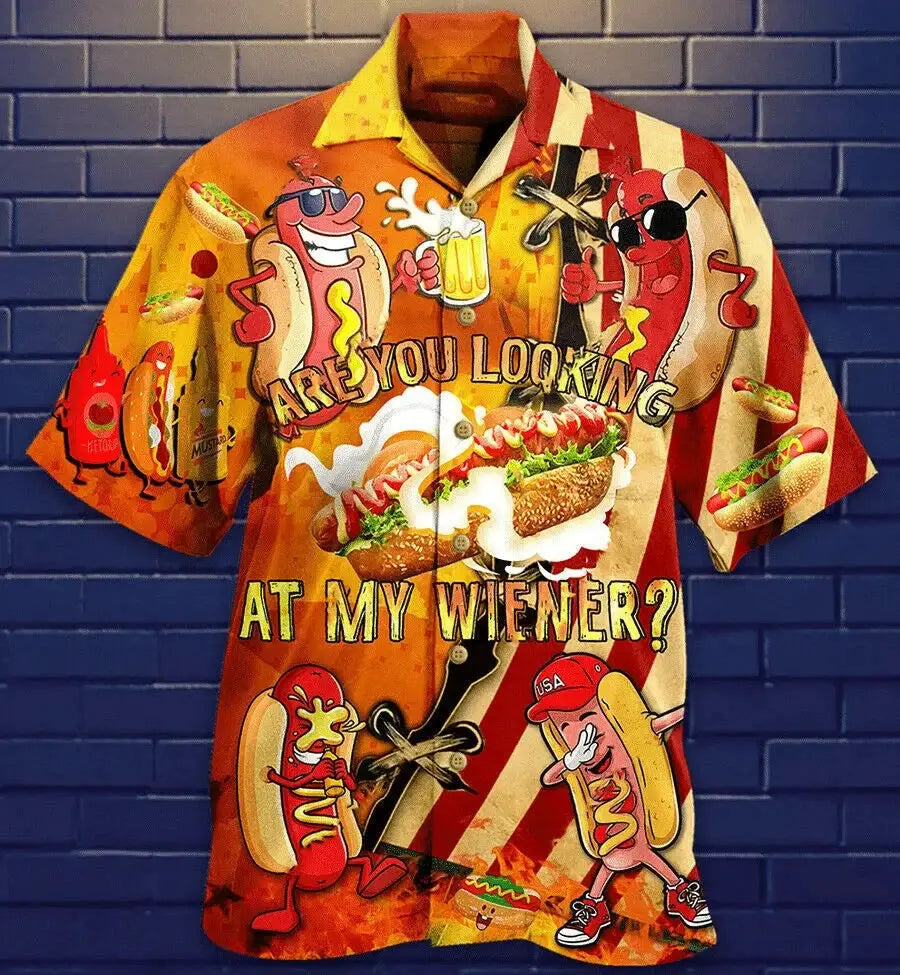 Unisex Hawaiian shirt with cartoon hot dogs, burgers, and beer print on bright orange-yellow background.