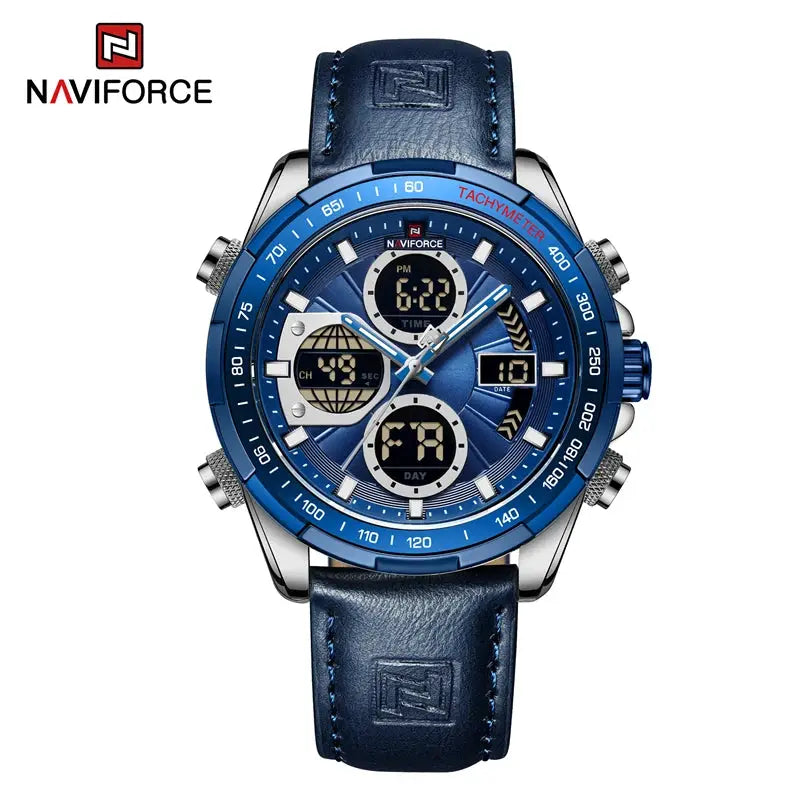 Naviforce men's leather watch with blue dial and blue leather strap, chronograph subdials, tachymeter bezel.