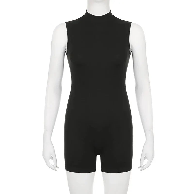 Women's black sleeveless jumpsuit romper with high neck