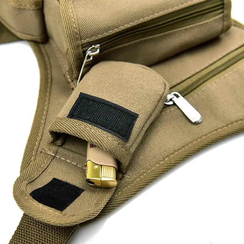 Simples Market men's tan canvas drop-waist belt bag with front zip pocket and lighter