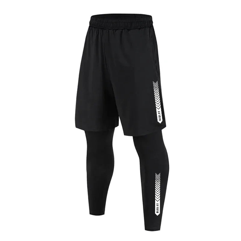 Men's 2-in-1 compression sport pants by Simples Market, black shorts over black leggings, quick-dry athletic pants