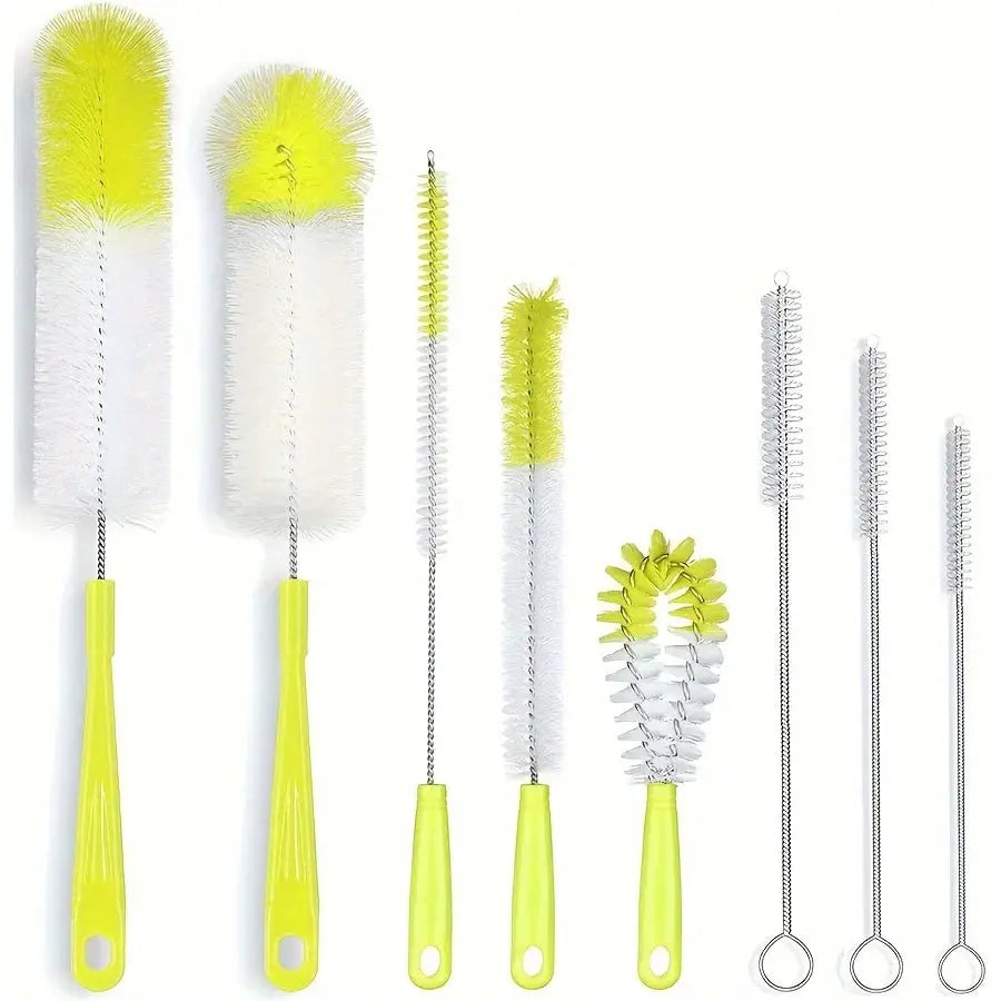 8-piece long-handled bottle brush set with neon-yellow handles for cleaning narrow wine bottles and thermoses