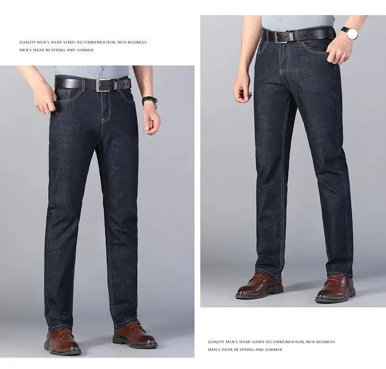 Men's dark denim jeans by Simples Market; elastic, straight-cut cotton casual pants, two views.
