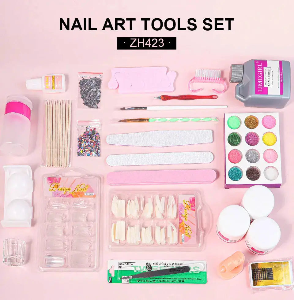 Nail art tools set by Simples Market with acrylic powder, liquid monomer, glitter and 3D nail tips