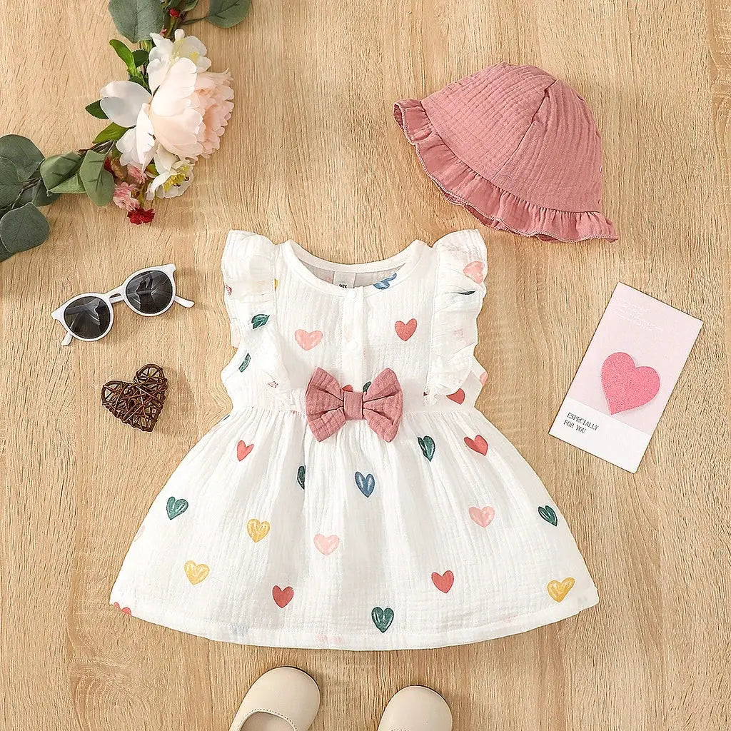 Two Piece Dress Set For Newborn Baby Girl With Love Print Sleeveless Dress And Hat Summer Fashion 0 To 9 Months