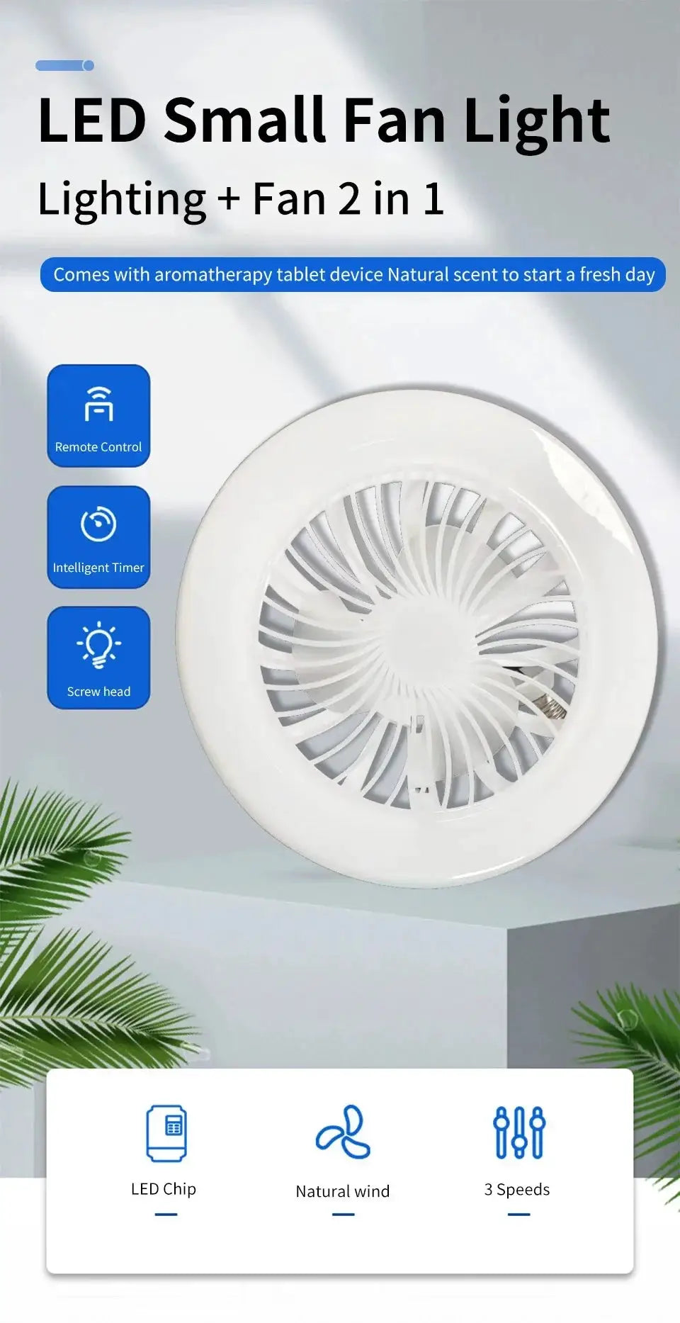 2-in-1 ceiling fan lamp by Simples Market, white LED fixture with remote control and 3 speeds