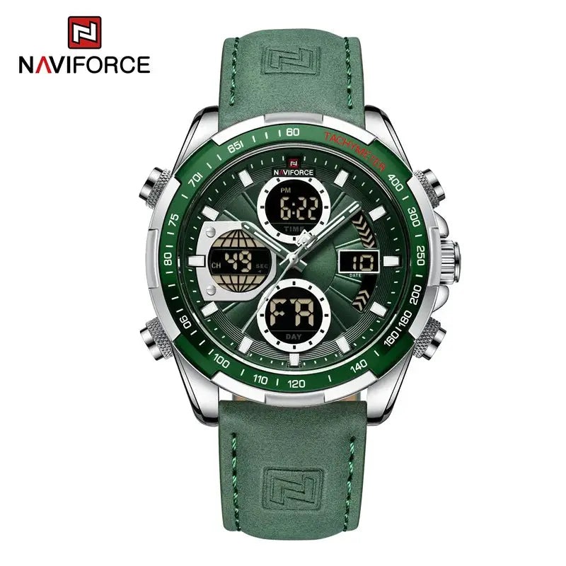 NAVIFORCE men's green leather strap chronograph watch with metal case, sport military style