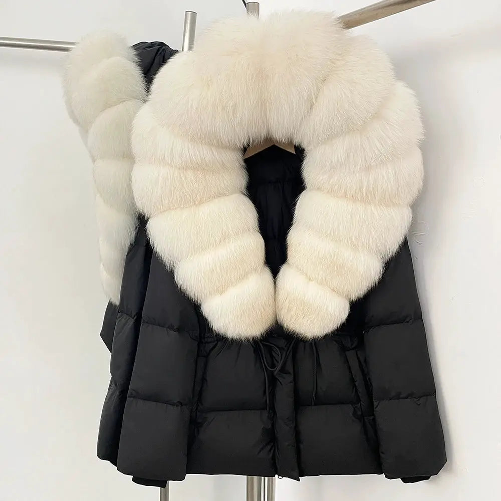 Womens Real Fox Fur Collar Duck Down Coat With Raccoon Fur Trim Hooded Puffer Jacket