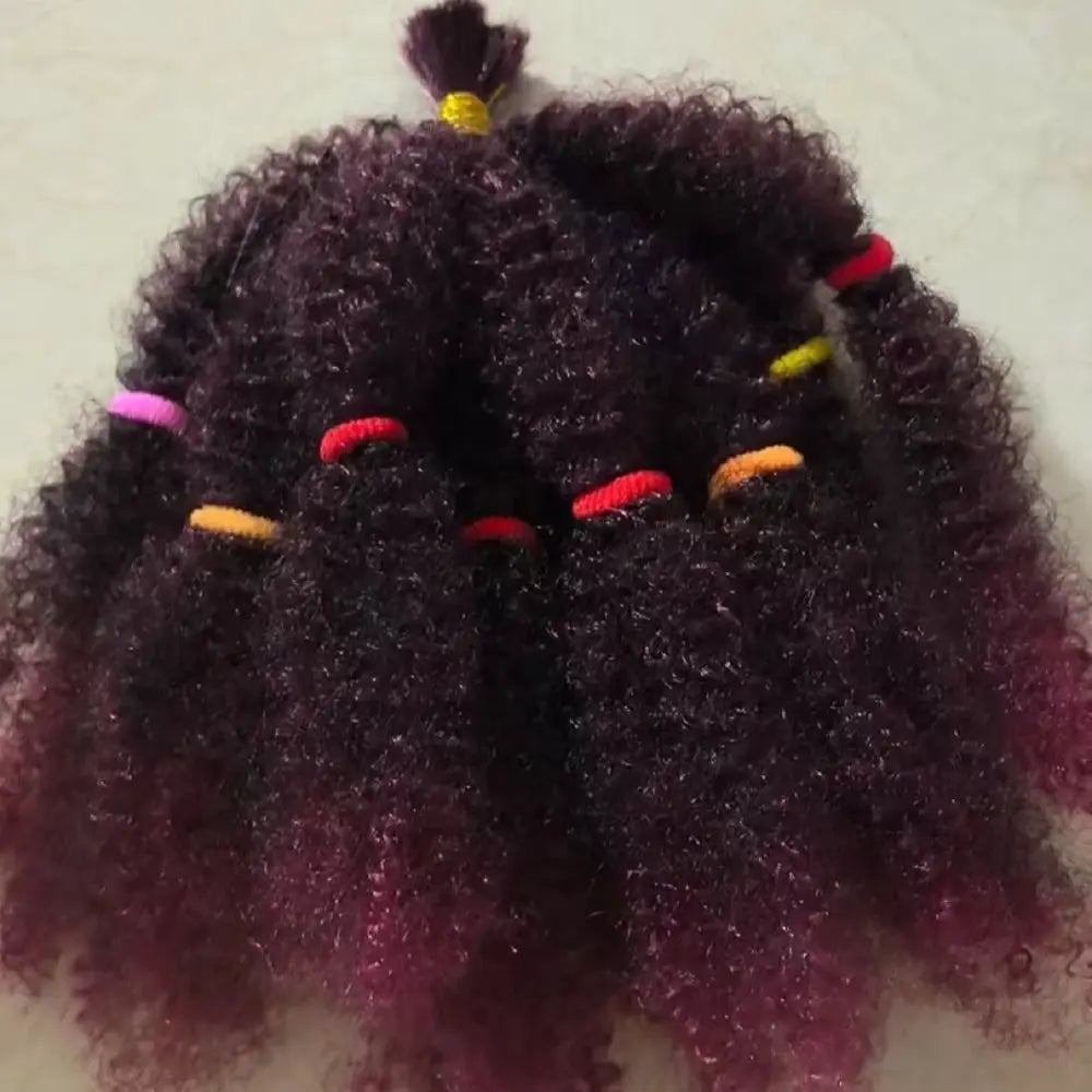 Afro kinky bulk hair 12in synthetic crochet braiding hair in burgundy purple with colorful elastic ties Simples Market