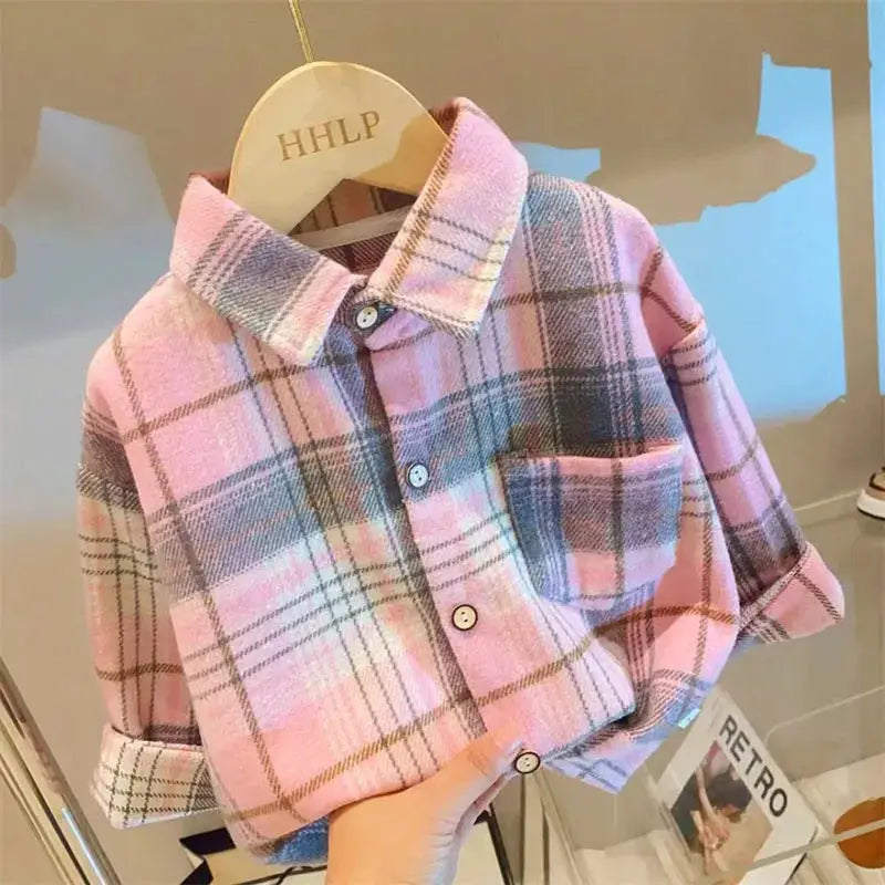 Autumn Plaid Shirt For Girls And Boys Casual Retro Lapel Long Sleeve Single Breasted Top