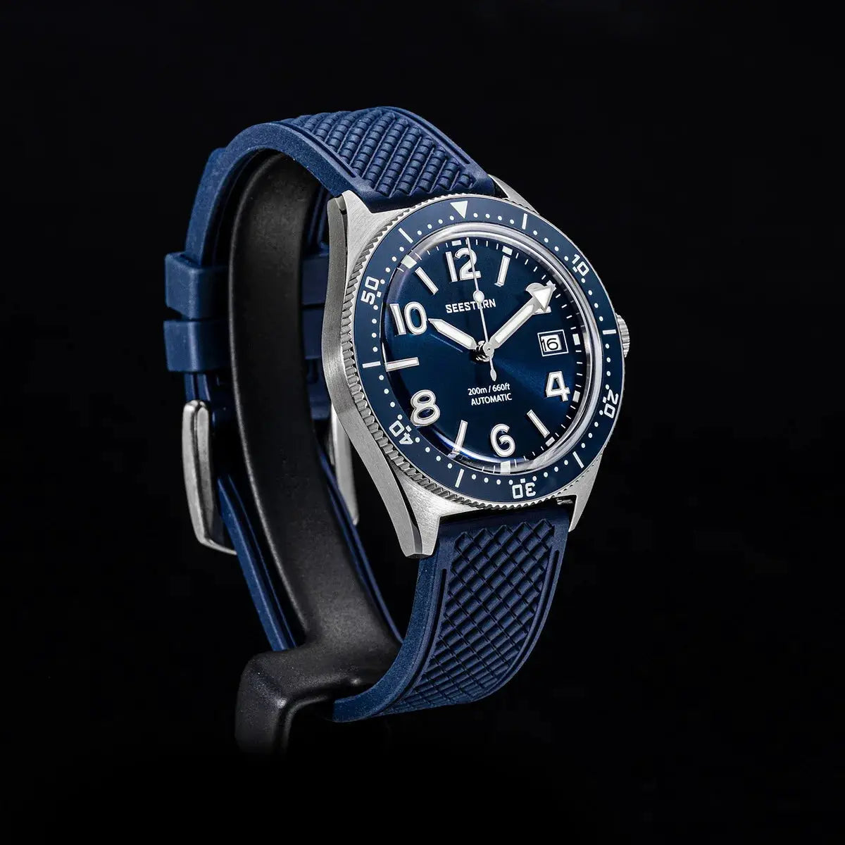 SEESTERN Diver Mens Watch blue dial, blue rubber strap, automatic movement, 200m water resistant