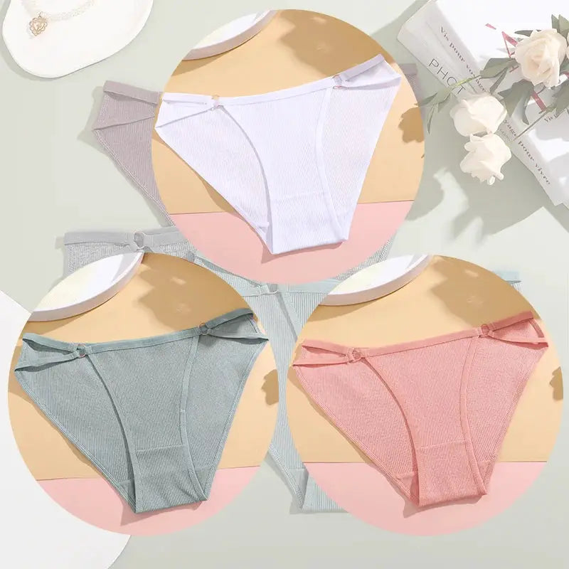 Simples Market 3-pack women's cotton-striped briefs with bows; breathable and comfortable in white, gray, and pink.