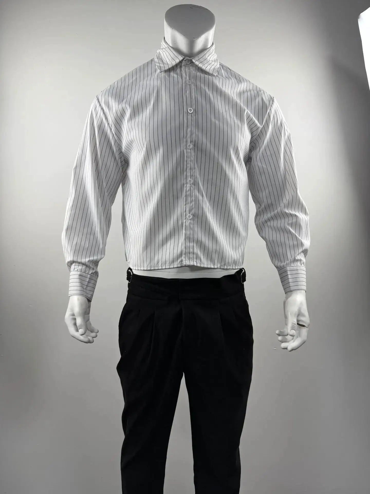 Men's white pinstripe shirt with long sleeves, button-down front and classic collar
