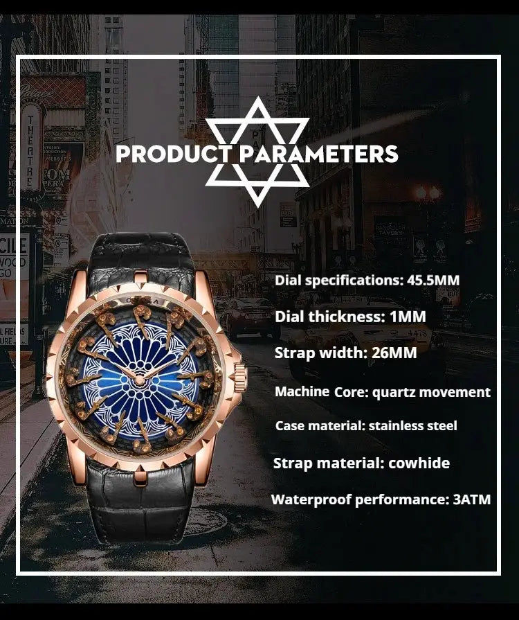 Men's quartz watch by Simples Market with rose-gold case, black cowhide strap, blue dial, 3ATM water resistant