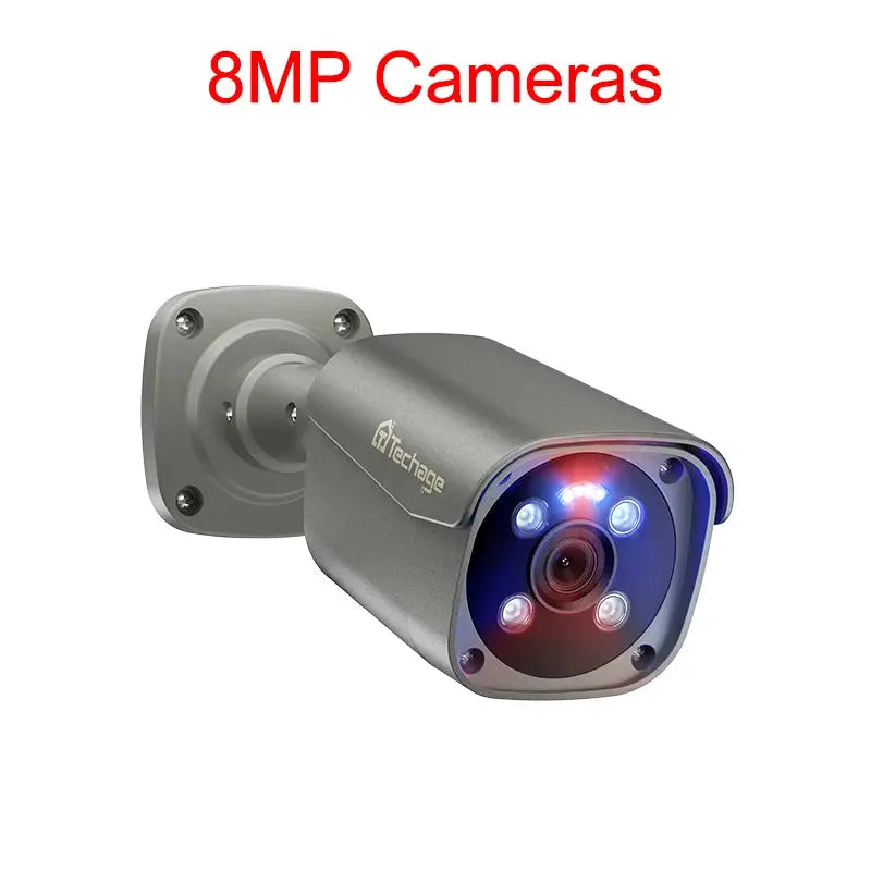 Techage outdoor IP camera with metal housing; bullet-style surveillance camera on wall mount