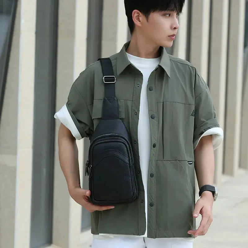 Men's chest bag; black genuine top-grain leather, large-capacity crossbody with multiple pockets.