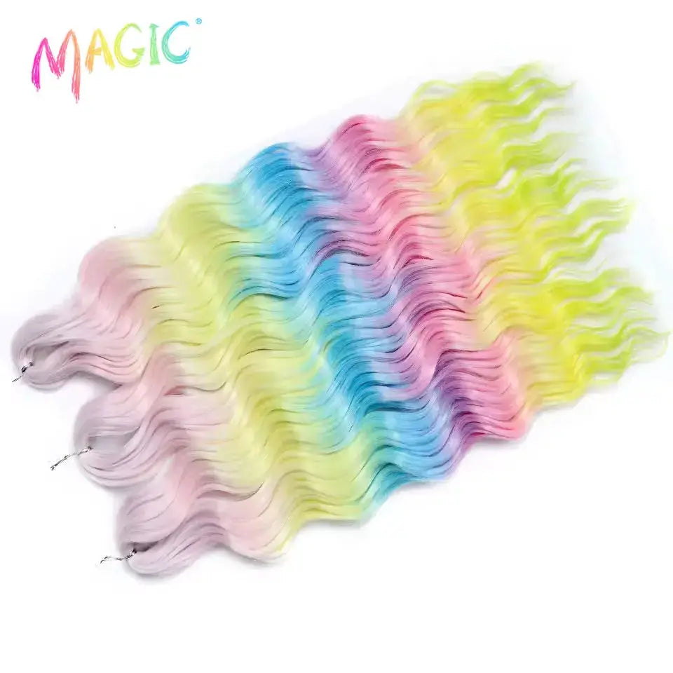 Magic rainbow ombre water-wave synthetic braiding hair extensions wefts in pastel tones, 24 inches.